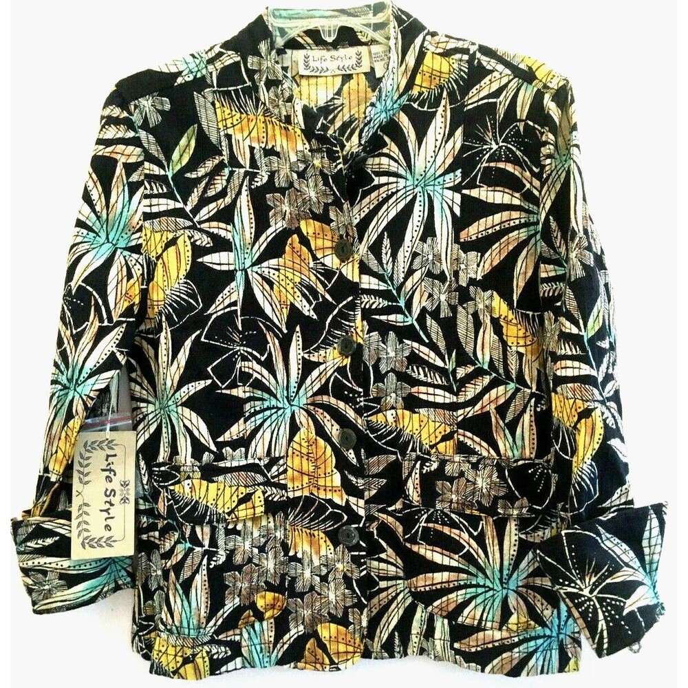 LIFE STYLE sz S NEW 100% Cotton Tunic Top Over Jacket Lush Palms Breathable